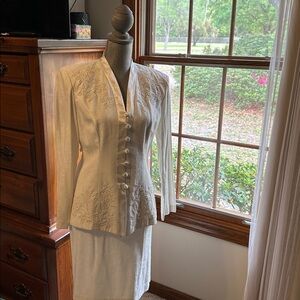 Elegant White Embroidered Jacket and skirt